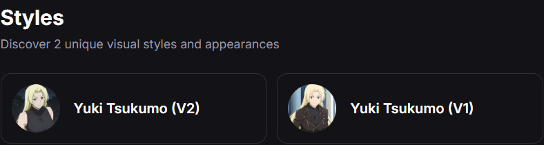 Yuki Tsukumo V2 and V1 style previews — actual Pinku AI public interface.
