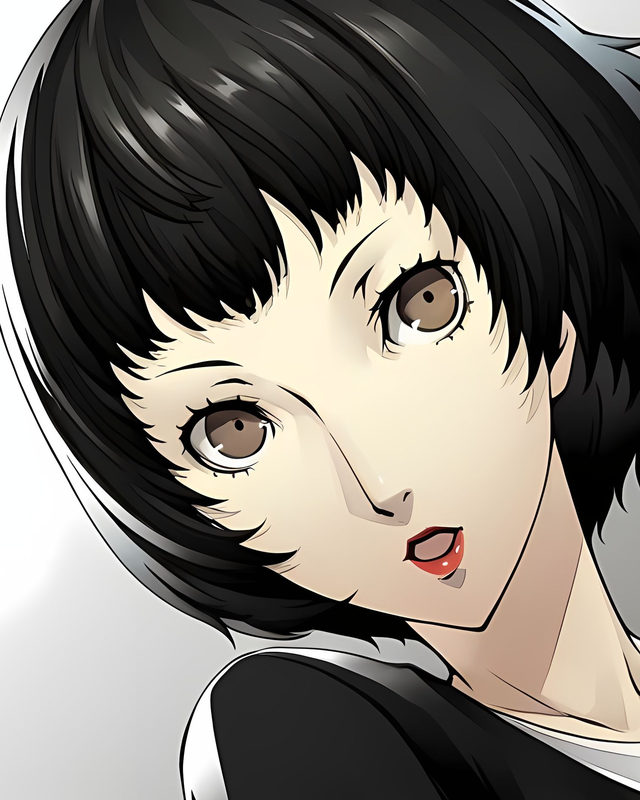 Short-haired Ichiko Ohya in black with white trim. Source: Pinku AI.