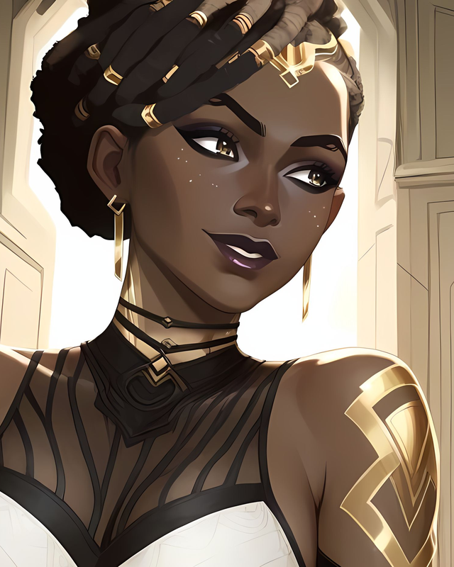 Mel Medarda with braided hair, gold adornments and a patterned neckline. Source: Pinku AI.