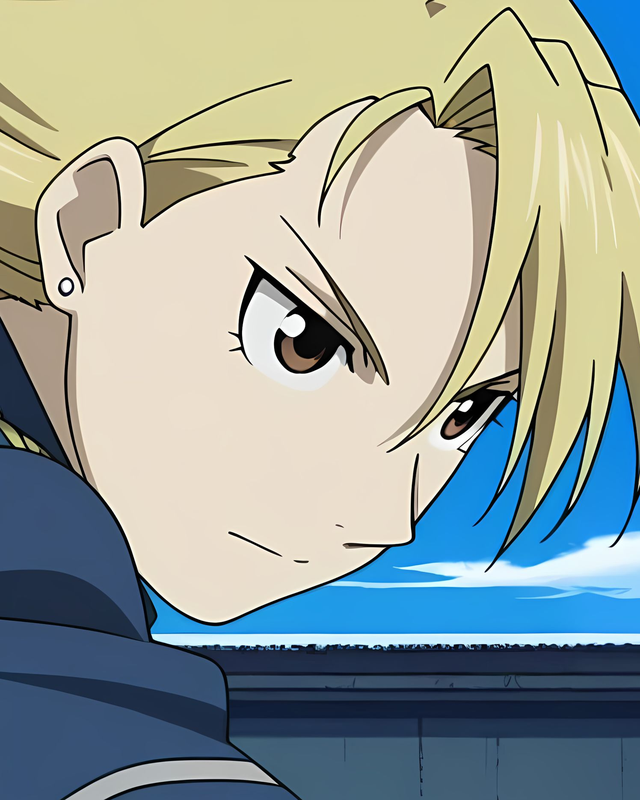 Blonde Riza Hawkeye looking back in a dark blue uniform. Source: Pinku AI.