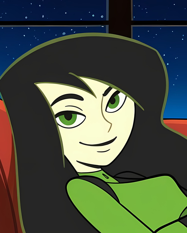 Black-haired Shego in green and black against a red seat. Source: Pinku AI.