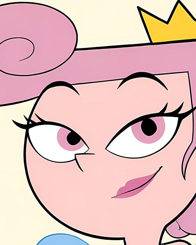 Pink-haired Wanda with a small golden crown and pink eyes. Source: Pinku AI.