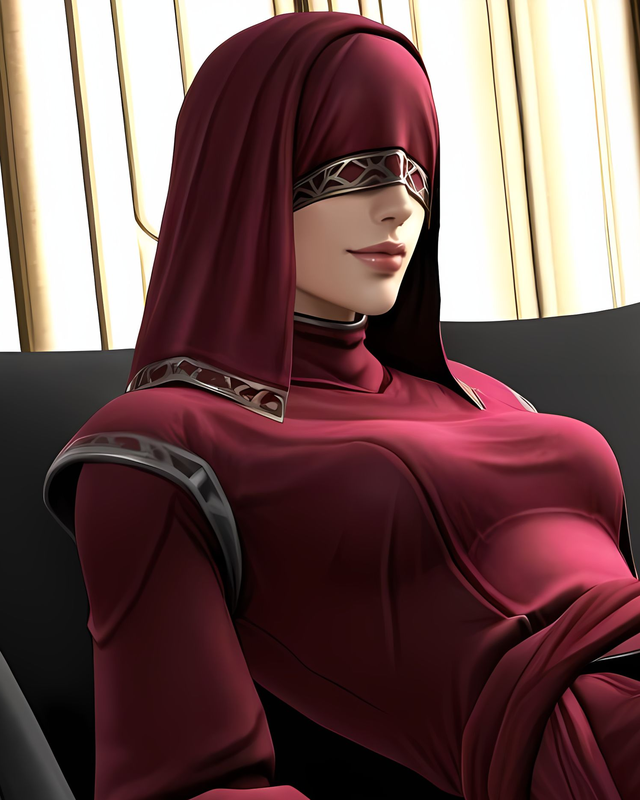 Visas Marr in a burgundy hood and patterned eye covering. Source: Pinku AI.